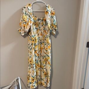 GAP Yellow and White Smocked Midi Sundress